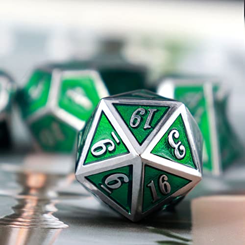 Haxtec Silver Emerald Green Metal DND Dice Set Enamel D&D Dice with Leather Dice Bag Compatible with Dungeons and Dragons TTRPG Gift for DND Lovers Players Masters - color: Silver Green