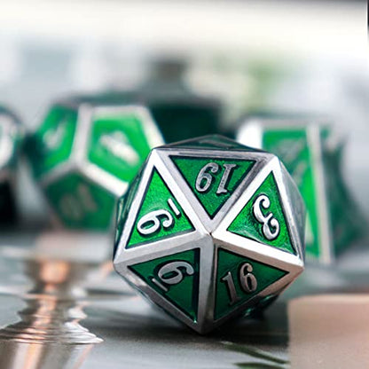 Haxtec Silver Emerald Green Metal DND Dice Set Enamel D&D Dice with Leather Dice Bag Compatible with Dungeons and Dragons TTRPG Gift for DND Lovers Players Masters - color: Silver Green