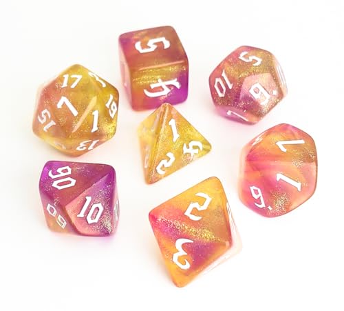Orange Glitter DND Dice Set of 7 – Polyhedral Dice Set for D&D, Dungeons and Dragons, Role Playing Games, MTG, COC, RPGs Accessories – D20 System Games Purple Gold Glitter Dice (Orange Jelly) - color: Orange Jelly