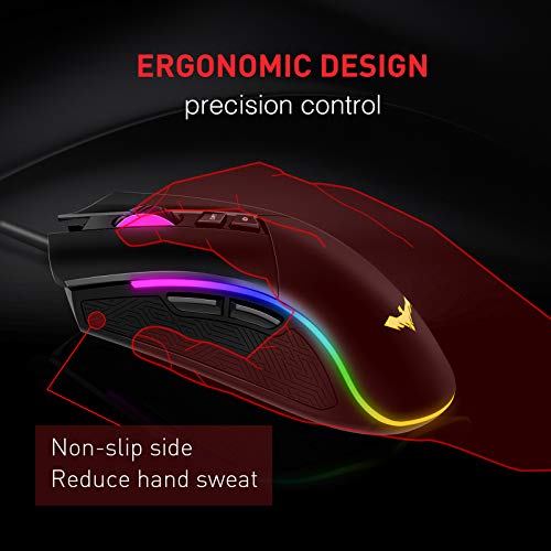havit RGB Gaming Mouse Wired Programmable Ergonomic USB Mice 4800 Dots Per Inch 7 Buttons & 7 Color Backlit for Laptop PC Gamer Computer Desktop (Black)