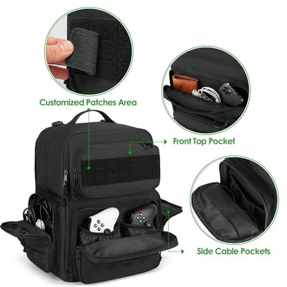 PGmoon Travel Tactical Backpack Compatible with Xbox Series X Console | Carrying Case Bag with Individual Room for Console, Plenty of Pockets for Controllers, Headphone and More(Patent Design)