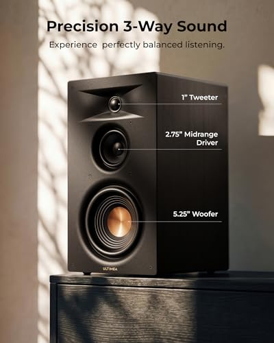 ULTIMEA 3-Way Powered Bookshelf Speakers, Bluetooth 6.0, No Receiver Needed | 5.25" Woofer,HDMI ARC,70W RMS,Clear Dialogue,Deep Bass,Clear Highs,SUB OUT,RCA Input,App EQ,Easy Setup, TV, Music & Turntable