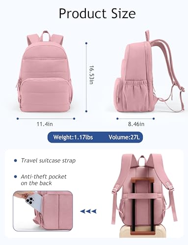 Uselike Travel Backpack for Women, 15.6 Inch Laptop Backpack, Quilted College Bookbag, Cute Work Backpacks, Water Resistant (Mauve Pink) - color: Mauve Pink