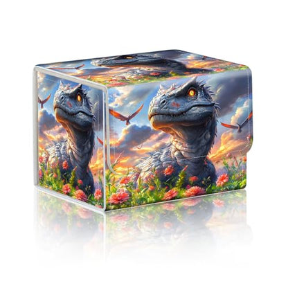 Trading Card Storage Box, Holds 100+ for MTG Cards, Premium PU Leather with Magnetic Closure, Blooming Flower Field Dinosaur Durable Deck Box for Magic the Gathering, Trading Card Games - color: Blooming Flower Field Dinosaur