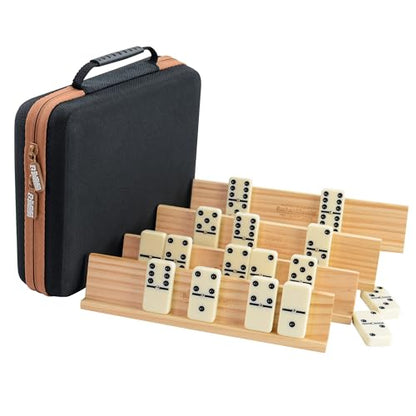 Bucher&Rossini Dominos Set for Adults with 4 Domino Racks Double Six Dominoes Set in Portable Case with 4 Wooden Domino Holders in EVA Hard Case Sturdy and Easy to Carry Ideal Gift Present - color: Double 6 + Hard Case + Racks