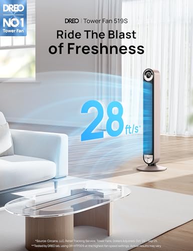 DREO Smart Tower Fan for Bedroom, 90° Oscillating Standing Fan | 28ft/s Velocity, 20dB Quiet for Sleep, DC Motor, 9 Speeds, 4 Modes, 12H Timer, Voice & APP & Remote Control, Starlight - color: Starlight