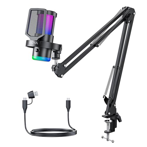 BOYA USB Gaming Microphone with Boom Arm, 192kHz/24bit, Supercardioid + ENC Noise Cancellation, Touch Mute, 9 RGB Effects, Gain Knob, Monitor Jack, Microphone for PC/PS4/PS5/Mac/Android/iOS - size: Boom Arm Version