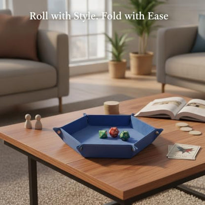 Multipurpose Hexagonal Folding Dice Tray, PU Leather Game Accessory with Velvet Interior for Tabletop Games and Board Games