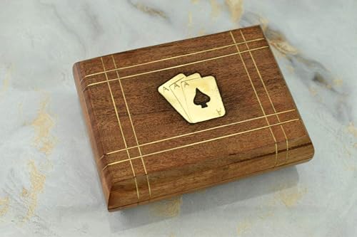 Playing Cards Holder, Handmade Wooden Card Storage Box with Brass Inlay Design, Anniversary Birthday Gifts Made in India (Design 5) - color: Design 5