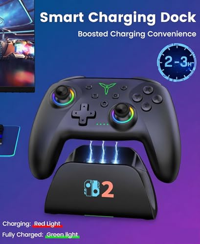 Switch 2 Controller Compatible with Nintendo Switch 2/Switch/OLED/Lite - Hall Effect Joystick & Trigger - 7 Color RGB Wireless Pro Controller with Charging Dock, Macros, Turbo, KeyLinker App - Black - color: Black with Charging Station