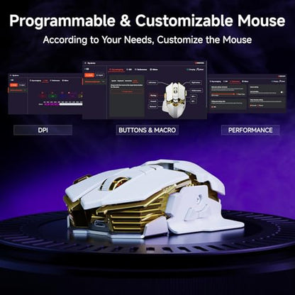EWEADN G5 Tri-Mode Wireless Gaming Mouse, 12800 DPI Programmable Ergonomic Mouse with Metal Base for Stability, 500mAh Rechargeable, 8 Macro Buttons, Rapid Fire Key, RGB Backlit for FPS PC Mac- White - color: White