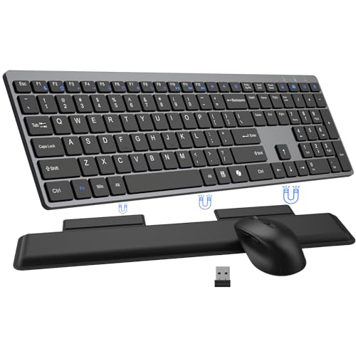 Wireless Keyboard and Mouse Combo, Full Size Silent Ultra Thin Keyboard with Magnetic Wrist Rest, Optical Mouse, 2.4G Lag-Free Cordless Mice Keyboard Set for Computer, Mac, Laptop, PC, Windows - color: Gray Black