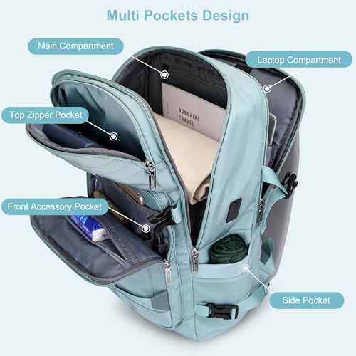 PIJUSHI Casual Travel Backpack for Women with 16" Padded Laptop Compartment | Carry On Luggage with USB Charging Port, 1680D Water-Resistant Nylon, Airline Approved, For Daily, Hiking - color: Teal Blue