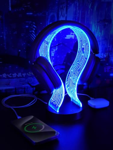 CoolGift Mart Light Up Headphone Stand with 16 Color Lights, PCB Pattern Acrylic Headset Stand with 1 USB and 1 Type-C Charging Ports, Gifts for Gamers Men Boy Father Dad and DJ Music Lovers - color: Black