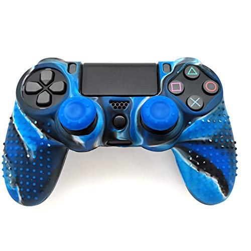 Silicone Skin Cover for Ps4 Controller (1pc Anti-Slip Case, 1 Pair L2 R2 Trigger Extender, 4pcs Thumb Grips,4pcs LED Light Bar Decal) Protector for DualShock PS4/ Slim/Pro Controller (Blue granular) - color: Blue granular