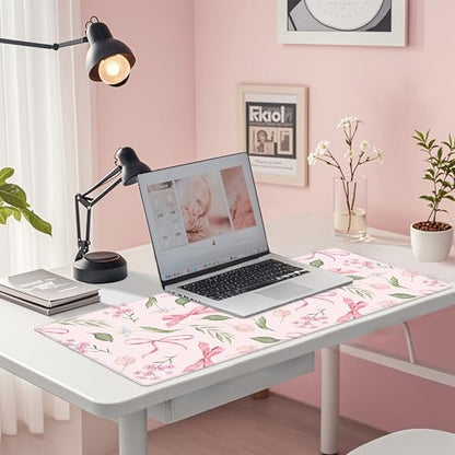 Baziabbo Pink Desk Mat,XXL Extended Big Mouse Pad,Gaming Mousepad with Stitched Edge,Non-Slip Rubber Base Keyboard Desk Pad for Home Office Study Game - color: Bowknot Flower
