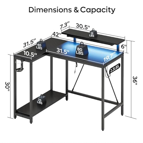 Pinmoco 42" Reversible L-Shaped Desk, Gaming Desk with LED Lights, Monitor Stand, Cup Holder and Headset Hook, Corner Work Station for Home Office, Study and Small Spaces, Carbon Fiber Black | corner desk fits small spaces, monitor stand, cup holder, head