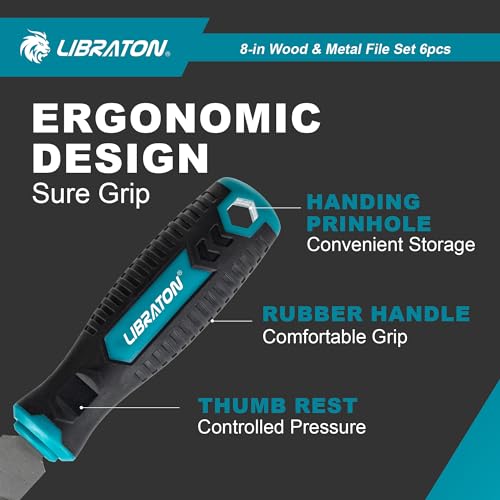 LIBRATON 6PCS Metal File Set, Metal Files, Metal Files for Steel | 5 Metal Rasp Files, 1 Wood File, 8" High-Carbon Steel Files with Rubber Handle, for Metalworking & Woodworking - style: Metal File-6PCS