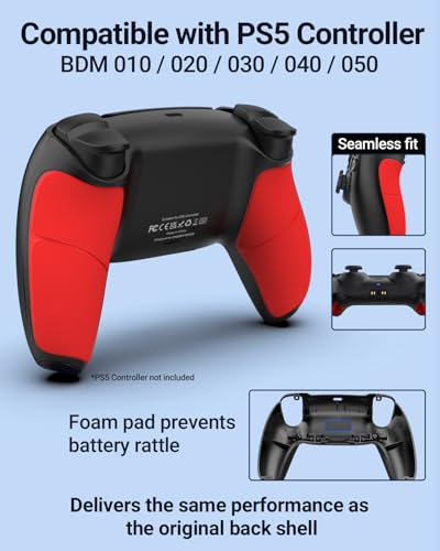 CHARM FOCUS Back Shell Grip Cover Compatible with PS5 Controller, Soft Rubber Overmold and Anti-Slip Diamond Texture, Seamless-Fit Replacement for PS5 Controller Shell, Black/Red - color: Black/Red