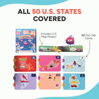 Kidrox Flashcards: Learn the 50 U.S. States – Pull-Tab Geography Game for Kids Ages 6+ | State Maps, Flags & Capitals | Includes U.S. Map Poster - style: Learn The US States