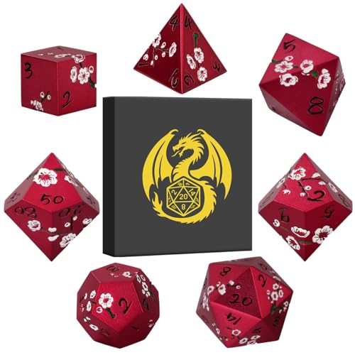 Metal Dice Set, Flat Face Red Plum Blossom Pattern, 7pcs Polyhedral Metal DND Dice Set, DND Starter Set, D&D Gifts with Gift Box, Role Playing Board Games Accessories, Red - color: Red With Gift Box