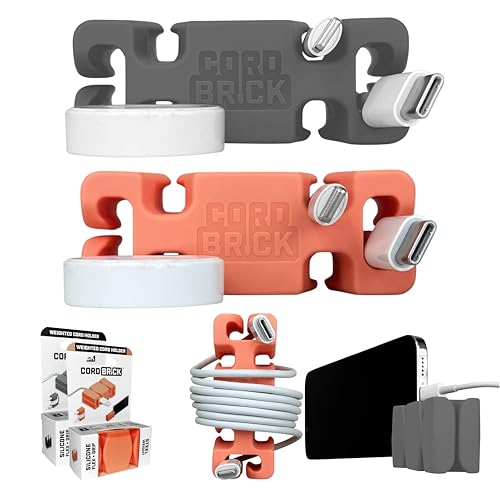 2PK Silicone + Steel Weighted Cord Holders for Nighstand, Cable Wraps for Travel, iPhone Accessories, Small Graduation Gifts for College Students, Guys, Men. Gray/Coral - color: (H) Coral, size: Gray and