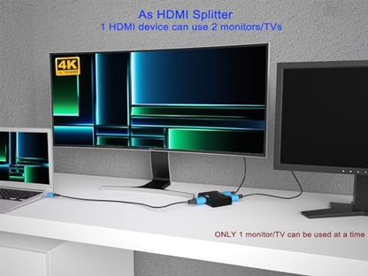 KAGO 4K@60Hz Bi-Directional HDMI Switch Splitter | 2 in 1 Out / 1 in 2 Out, 18Gbps HDCP 2.2, HDR & 3D - size: 2x1