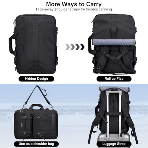 PIJUSHI 3-In-1 Travel Backpack for Women with 16" Padded Laptop Compartment | Convertible Carry On Luggage/Duffel/Shoulder with 180° Open, USB Port, Dry/Wet Pocket for Airport, Daily, PE049 Black