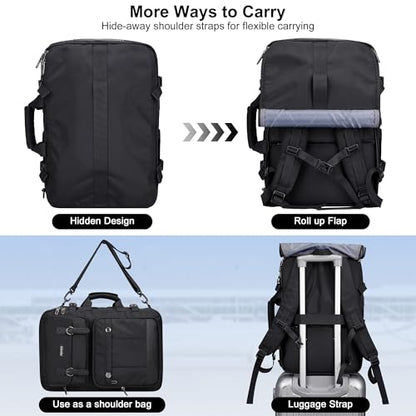 PIJUSHI 3-In-1 Travel Backpack for Women with 16" Padded Laptop Compartment | Convertible Carry On Luggage/Duffel/Shoulder with 180° Open, USB Port, Dry/Wet Pocket for Airport, Daily, PE049 Black