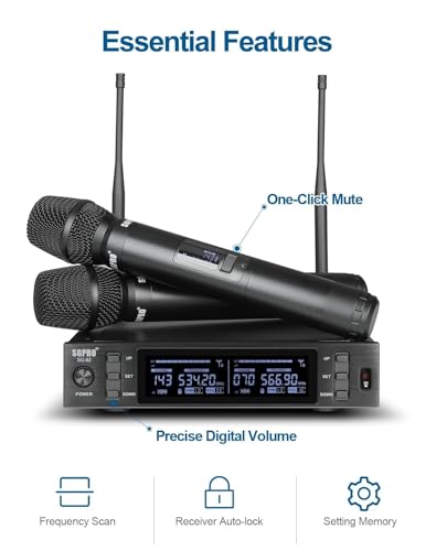 SGPRO SG-82HH Dual Handheld Wireless Microphone System, 520-590 MHz | Metal handheld mics and receiver, Adjustable UHF channels, Antenna diversity, Professional audio and events