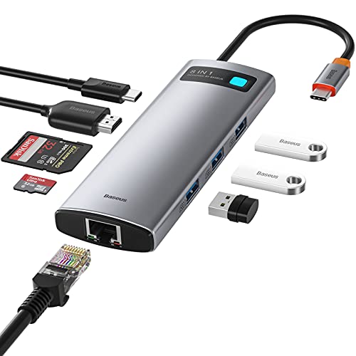 Baseus 8-in-1 USB C Hub Docking Station, USB C Adapter with 4K HDMI, 3 USB 3.0, TF/SD Reader, Ethernet, 100W Power Delivery Compatible with MacBook, Surface, iPad, Steam Deck or Other Type C Devices - size: 8 in 1