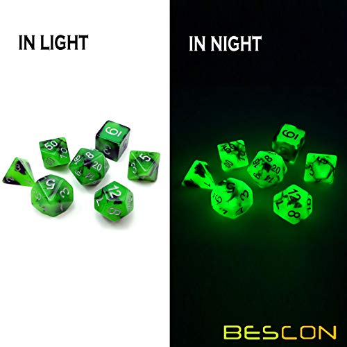 Bescon Two-Tone Glow-in-the-Dark Polyhedral Dice Set Spooky Rocks, Luminous RPG Dice Set d4 d6 d8 d10 d12 d20 d% Brick Box Pack - color: Multicolor