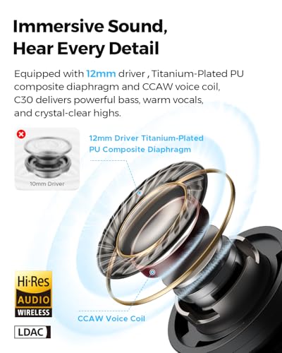 SoundPEATS C30 - True Wireless Earbuds - Bluetooth Headphones 6.0 - Black | Hybrid ANC LDAC Hi-Res Audio 52H Playtime -52dB Adaptive Noise Cancelling 6-Mic Clear Call 12mm Driver Multi-Point IP54 - color: Black