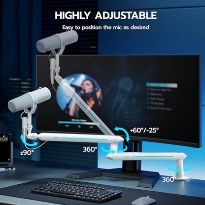 ARES WING Aluminum Low Profile Mic Arm with 4.4 lbs Load Capacity, Adjustable Microphone Boom Arm with 3/8” to 5/8” Screw Adapter, Desk Mount Mic Stand for Gaming Streaming Podcasting, White - color: White