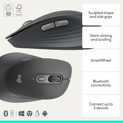 Logitech Signature Comfort M840 L Wireless Mouse Bluetooth - Graphite | Bluetooth, SmartWheel, customizable buttons, multi-device compatibility for Windows, macOS, iPadOS - color: Graphite, style: No Palm Cushion