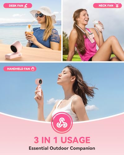 PlayHot Portable Handheld Turbo Fan, Travel Essentials, Gifts for Women/Men | 5-Speed, Up to 12H, 10m/s Airflow, USB-C Rechargeable, LED Display, 3-in-1 Foldable Personal Fan for Cruise, Beach, Vacation - color: Pink