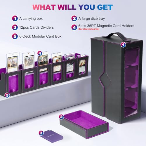UAONO MTG Commander Deck Box, 6-Deck Modular TCG Deck Case with Dice Tray | Hold 600+ Double-sleeved Cards, Modular Card Deck Box with 35PT Magnetic Card Holder for Magic the Gathering Black Purple - color: Black Purple