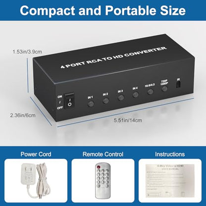 Multiple RCA to HDMI Converter - 4 Port Red White Yellow Composite Component to HDMI Converter for N64/Smart TV/AUX/PS2/PS3/VHS/VCR/DVD Players, Support 4:3/16:9 1080P/720P RCA AV to hdmi Switch