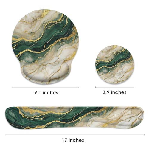 Ergonomic Mouse Pad Set with Wrist Rest, Gold Green Marble | Abstract Non-Slip Rubber Base Wrist Cushion Support and Coasters Mousepad with Wrist Support for Computer Keyboard - color: Gold Green Marble