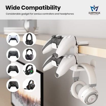 3-in-1 Headset&Controller Holder - EURPMASK Upgraded PC Gaming Headset Stand, Adjustable Clamp-on Headphone Holder,Headphone Controller Hook Under Desk w/ 360 Degree Swivel&Cable Clip Organizer-White - color: White Pro