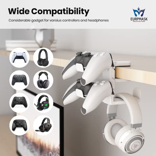 3-in-1 Headset&Controller Holder - EURPMASK Upgraded PC Gaming Headset Stand, Adjustable Clamp-on Headphone Holder,Headphone Controller Hook Under Desk w/ 360 Degree Swivel&Cable Clip Organizer-White - color: White Pro