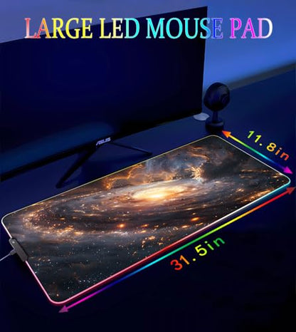 RGB Gaming Mouse Pad, Large Mousepad with Led Light, Gaming Accessories Keyboard Pad for Desk, Non-Slip Rubber Base Big Mouse Mat for Gamer, 31.5 X 11.8 Inch, Golden Galaxy - color: 12 Golden Galaxy