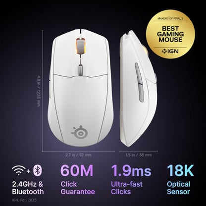 SteelSeries Rival 3 Wireless Gen 2 Gaming Mouse — 2.4GHz and Bluetooth — 18000 DPI TrueMove Air Optical Sensor — 60 Million Click Durability — Light-Weight — 100% PTFE Feet — White | 18000 DPI sensor with 2.4GHz wireless and 60M click switches for gaming,