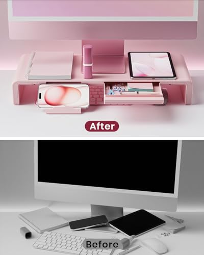 Pink Monitor Stand Riser, Klearlook Foldable, Height Adjustable Computer Stand, Desk Shelf Riser with Storage Drawer &Tablet Phone Stand for Desktop, Laptop - color: Pink