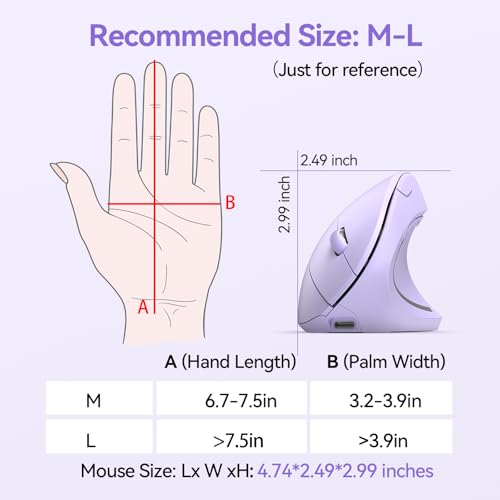TECKNET Wireless Ergonomic Mouse, Rechargeable Wireless Vertical Mouse | Rechargeable Mouse Purple, 2.4GHz USB Receiver, Silent Click, 6 Adjustable DPI up to 4800, 6 Buttons for Laptop, PC & MacBook - color: Purple
