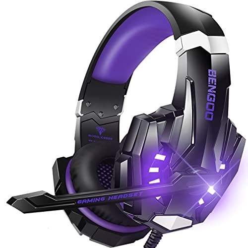 BENGOO G9000 Stereo Gaming Headset for PS5, PS4, PC, Xbox One Controller, Noise Cancelling Over Ear Headphones with Mic, LED Light, Bass Surround, Soft Memory Earmuffs - Purple - color: Purple