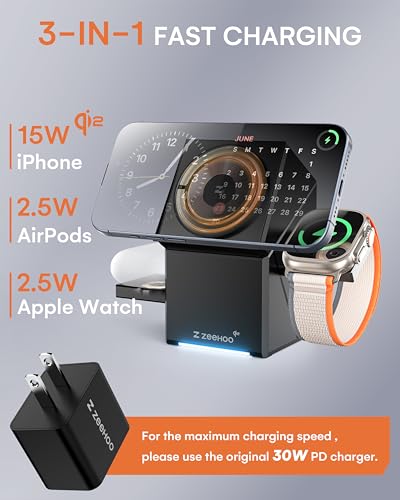 ZEEHOO 3 in 1 Charging Station, iPhone Charging Station for Apple MagSafe Charger, Qi2 Certified, 15W Fast Wireless Charger, for Apple Watch, for iPhone 17,16 15,14,13,12 Series, AirPods (Black) - color: Black