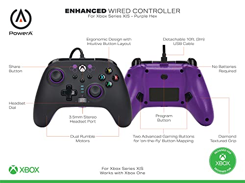 PowerA Enhanced Wired Controller for Xbox Series X|S - Purple Hex, gamepad, wired video game controller, gaming controller, works with Xbox One, Officially Licensed for Xbox - color: Purple Hex