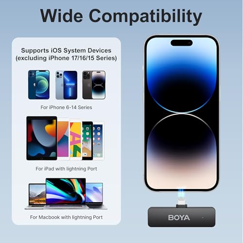 BOYA BY-V4D Wireless Lavalier Microphone for iPhone iPad with Charging case, 18H Battery Life, 650ft Range, 4-Channel Omnidirectional Noise Canceling Lapel Mics for Video Recording Interview Vlog - size: 4TX+Lightning RX+1CC