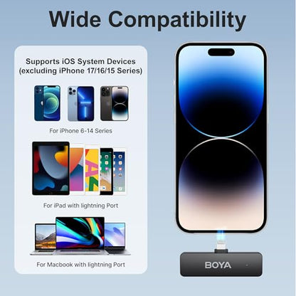 BOYA BY-V4D Wireless Lavalier Microphone for iPhone iPad with Charging case, 18H Battery Life, 650ft Range, 4-Channel Omnidirectional Noise Canceling Lapel Mics for Video Recording Interview Vlog - size: 4TX+Lightning RX+1CC